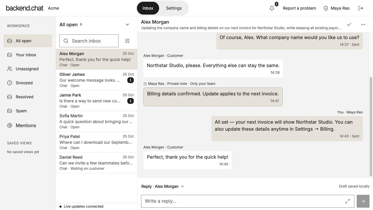 Example shared inbox showing a customer conversation, assigned teammate and a private note beside the replies.